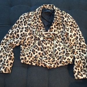 Leopard cropped moto jacket